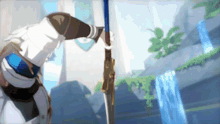 a person holding a sword in front of a waterfall in a video game