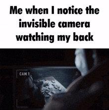 a picture of a clown with the words `` me when i notice the invisible camera watching my back '' on it