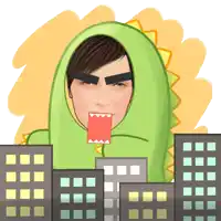 a cartoon of a man in a green dinosaur costume with his mouth open
