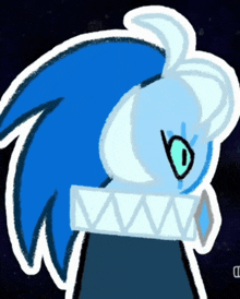 a drawing of a cartoon character with blue hair and a toothy mouth