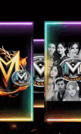 a group of people standing next to each other with a logo that says m