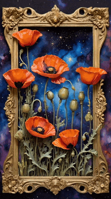 a painting of flowers in a gold frame