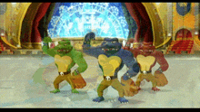 a group of cartoon monsters are dancing in front of a stage
