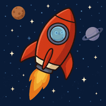 a cartoon rocket is flying through space with planets and stars in the background