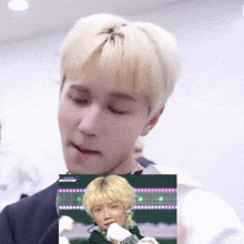 a close up of a person 's face next to a picture of a person with blonde hair