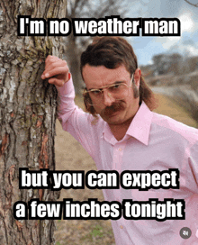 a man leaning against a tree with a caption that says i 'm no weather man but you can expect