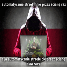 a man in a red hoodie is looking at a laptop screen that says game sense
