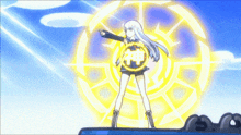 a girl with white hair is standing in front of a yellow circle that says " 神 "