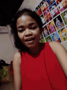 a girl in a red dress is smiling in front of a collage of photos