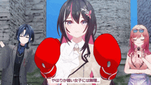 a girl wearing red boxing gloves stands in front of a microphone