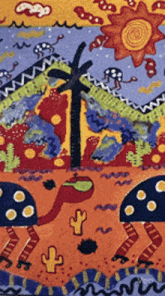 a colorful painting of a desert landscape with a cactus and a palm tree
