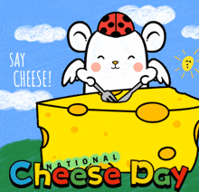 a poster for national cheese day with a mouse wearing a ladybug hat holding a fork