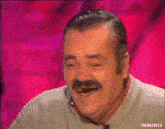 a man with a mustache is laughing in front of a pink background that says think jules