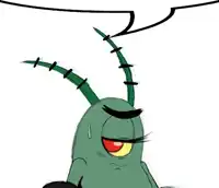 a drawing of plankton from spongebob squarepants with a speech bubble above his head .