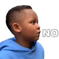 a young boy wearing a blue hoodie is saying no