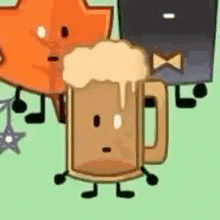 a cartoon character with arms and legs is holding a mug of beer with foam coming out of it .