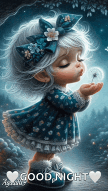 a painting of a little girl blowing a dandelion with the words " good night " above her