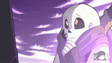 a cartoon drawing of a skeleton with a purple sky in the background ..
