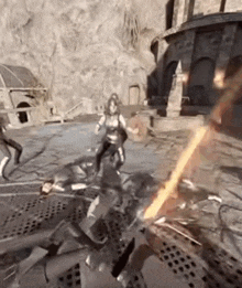 a group of people are playing a video game and one of them is holding a sword in a video game .