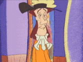 a cartoon character wearing a hat and a collar is standing in front of a mirror