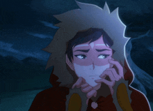a cartoon drawing of a person covering their face with a hood
