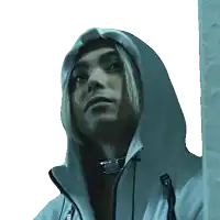 a man wearing a white hoodie and a choker