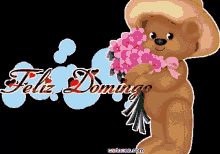 a teddy bear in a cowboy hat is holding a bouquet of pink flowers and says " feliz domingo "