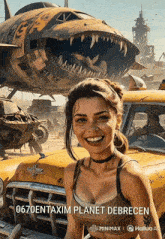 a painting of a woman standing next to a car with the words 0670entaxim planet debrecen