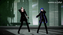 two anime characters are dancing in front of a city skyline and the word bilibili is visible