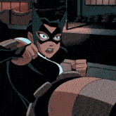 a cartoon drawing of a woman in a black mask