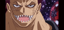 a close up of a man 's face with sharp teeth and stitches on his face