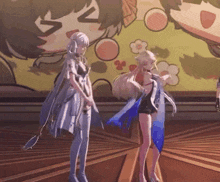 two anime girls are standing in front of a wall with a drawing of a girl with the letter v on her face