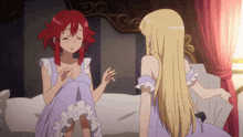 two anime girls are sitting on a bed and one has red hair