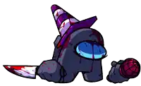 among us character with a knife and a microphone