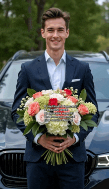 a man in a suit holds a bouquet of flowers in front of a bmw