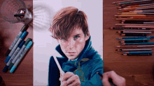a drawing of a man holding a plant with a pen that says " prismacolor " on it