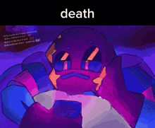 a drawing of a purple monster with the word death on the bottom
