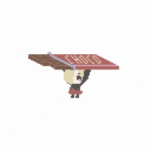 a pixel art of a girl holding a chocolate bar that says ' x888 ' on it