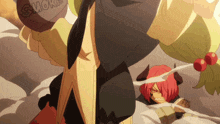 a cartoon character with red hair and horns is holding a smoke bomb