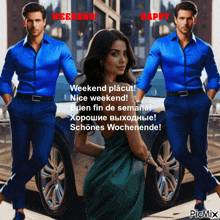 a woman in a green dress is standing in front of two men in blue shirts and a car