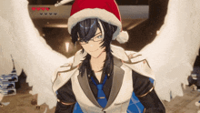 a cartoon character wearing a santa hat with hearts on it