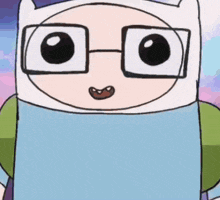 a close up of a cartoon character with glasses and a smile on his face .