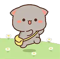a cartoon cat is holding a yellow bag and standing in a field of daisies .