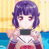 a girl with purple hair and red eyes is holding a cell phone