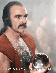 a man with a mustache is holding a crystal ball and says " view into my crhystal ball "