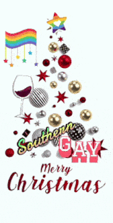 a southern gay merry christmas card with a christmas tree made out of decorations