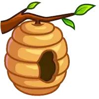 a beehive hanging from a tree branch with leaves