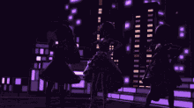 a girl in a purple dress is dancing with two other girls