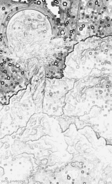 a black and white drawing of a landscape with a lot of squares and dots .