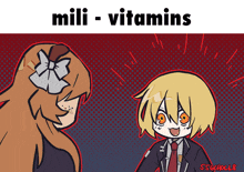 a cartoon drawing of a girl and a boy with the words mili - vitamins